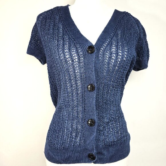 Lafayette 148 Knit Hemp V Neck Navy Blue Sweater Cardigan Y2K - Picture 1 of 7